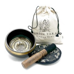 Handmade and engraved Tibetan bowl gift set - 14 cm - Tara Green