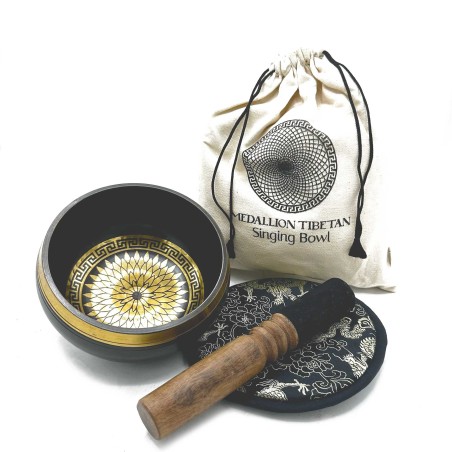 Set de regalo de cuenco tibetano hecho y grabado a mano - 14 cm - Medallones Redondos