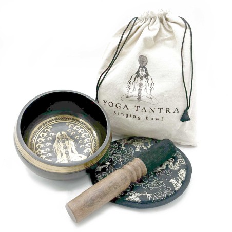 Set de regalo de cuenco tibetano hecho y grabado a mano - 14 cm - Yogi