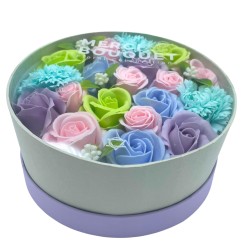 Boîte ronde - Bénédictions de bébé - Bleu - Bouquet de fleurs de savon - 19x8cm