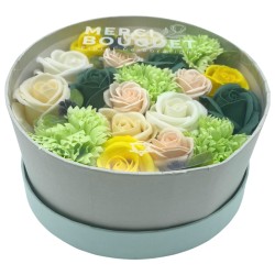 Caixa Rodona - Celebracions de Primavera - Grogues i Verdes - Bouquet Flors de Sabó - 19x8cm