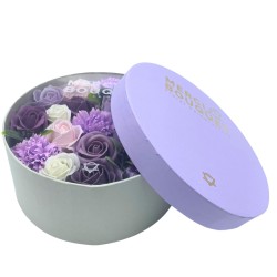 Caixa Redonda - Rosa Lavanda e Caravel - Ramo de Flores de Xabón - 19x8cm