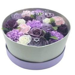 Caixa Redonda - Rosa Lavanda e Cravo - Buquê de Flores Sabão - 19x8cm