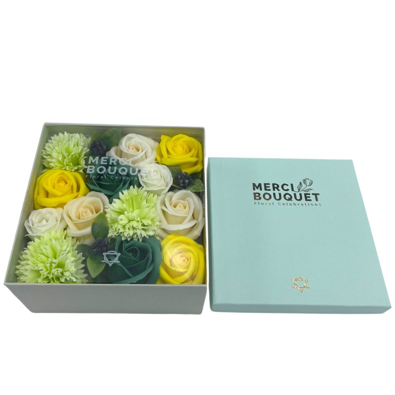 Square Box - Spring Celebrations - Yellow and Green - Soap Flower Bouquet - 15x8x15cm-SOAP FLOWERS-HOSTENATURA