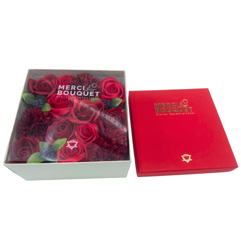 Caja Cuadrada - Rosas Rojas Clásicas - Bouquet Flores de Jabón - 15x8x15cm-زهور الصابون-HOSTENATURA