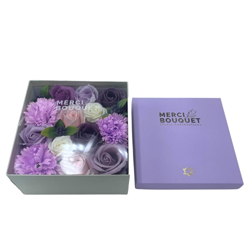 Caja Cuadrada - Rosa Lavanda y Clavel - Bouquet Flores de Jabón - 15x8x15cm-ソープフラワー-HOSTENATURA