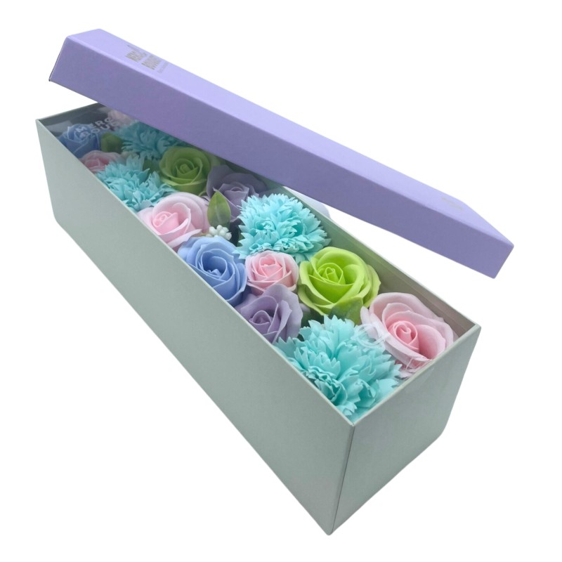 Boîte longue - Bénédictions de bébé - Bleu - Bouquet de fleurs de savon - 28x8x8.5cm-FLEURS DE SAVON-HOSTENATURA