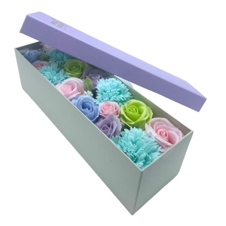 Caja Larga - Bendiciones de Bebé - Azules - Bouquet Flores de Jabón - 28x8x8,5cm