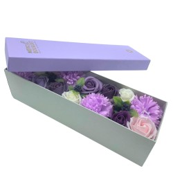 Caja Larga - Rosa Lavanda y Clavel - Bouquet Flores de Jabón - 28x8x8,5cm