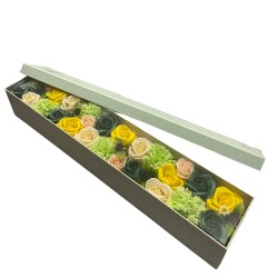 Caixa Extra Llarga - Celebracions de Primavera - Grogues i Verdes - Bouquet de Flors de Sabó - 50x8x9,5cm