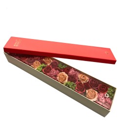 Caixa Extra Longa - Rosas Vintage - Buquê de Flores de Sabonete - 50x8x9,5cm