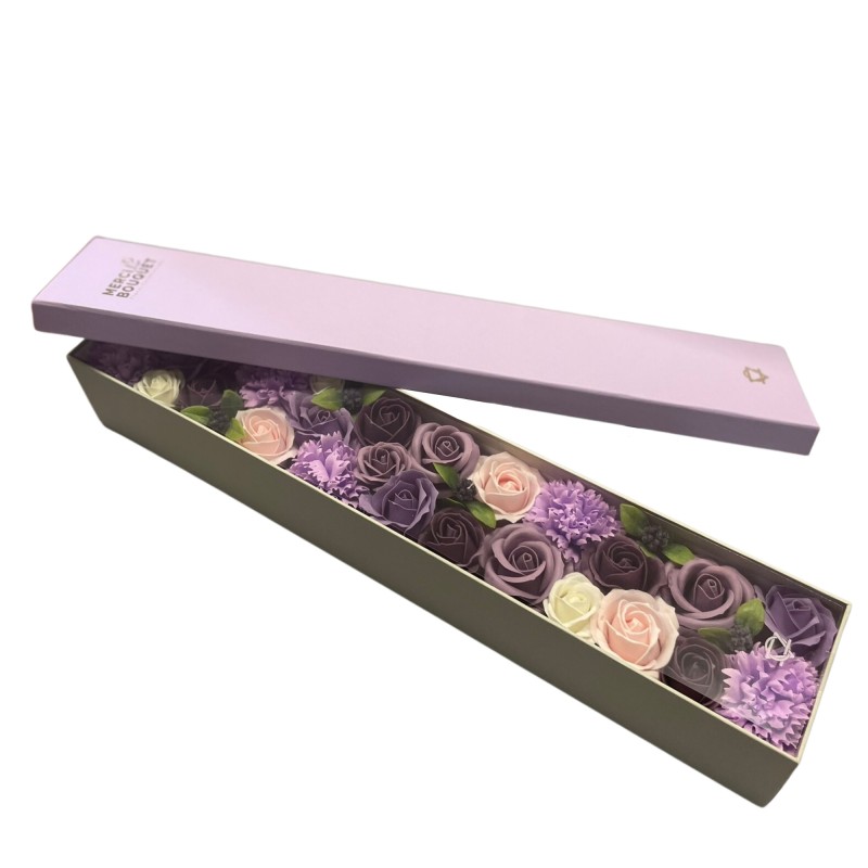 Scatola Extra Lunga - Rosa Lavanda e Garofano - Bouquet di Fiori di Sapone - 50x8x9.5cm-FIORI DI SAPONE-HOSTENATURA