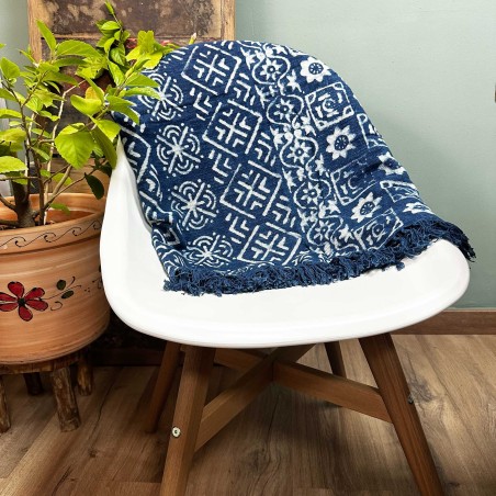 Manta Indigo Hecha a Mano - 170x120cm - Midnight Heerak - 100% Algodón