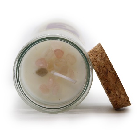 VELA HECHIZO MÁGICO - AMOR -  CON PIEDRAS PRECIOSAS DE CUARZO ROSA Y FRAGANCIA DE JAZMÍN