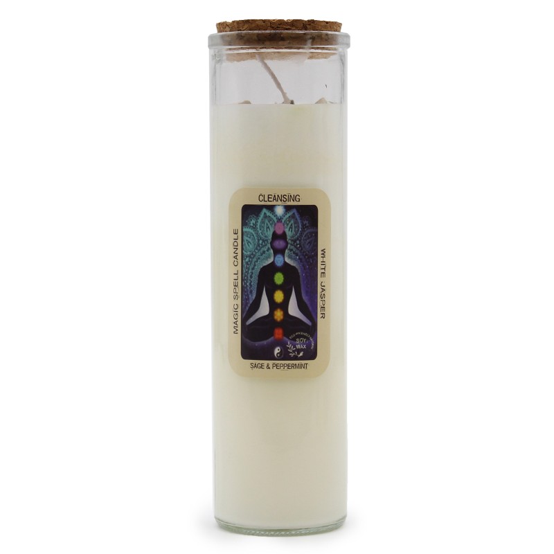 MAGIC SPELL CANDLE - CLEANSING - WITH WHITE JASPER AND SAGE AND MINT GEMSTONES-MAGIC SPELL CANDLES-HOSTENATURA