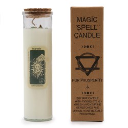 BOUGIE MAGIC SPELL - PROSPÉRITÉ - AVEC OEIL DE TIGRE ET AVENTURINE VERTE ET CHÈVREFEUILLE CITRON