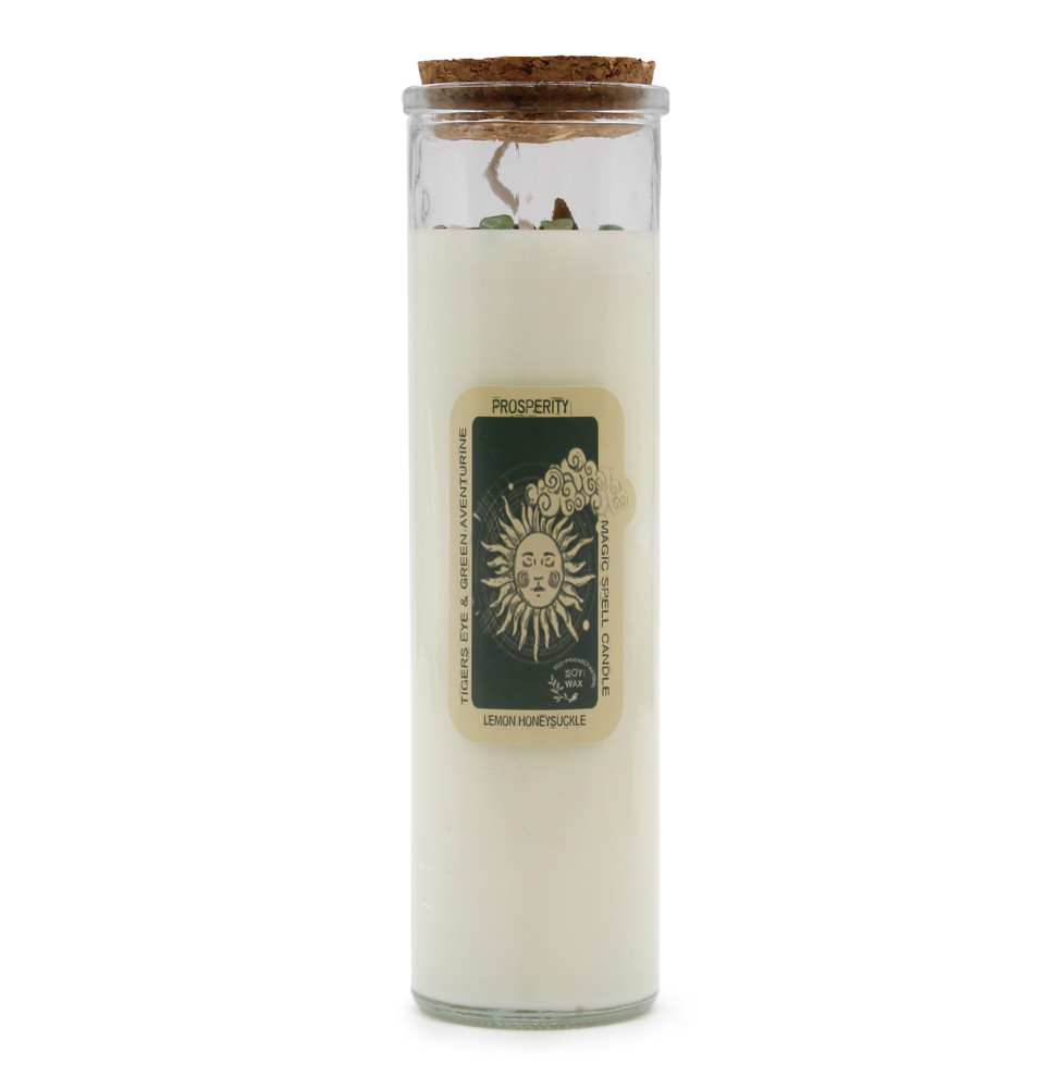 VELA HECHIZO MÁGICO - PROSPERIDAD - CON OJO DE TIGRE Y AVENTURINA VERDE Y MADRESELVA DE LIMÓN-MAGIC SPELL CANDLES-HOSTENATURA