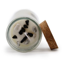 MAGIC SPELL CANDLE - BALANCE - WITH BLACK AGATE GEMSTONES AND WHITE JASPER AND YLANG YLANG