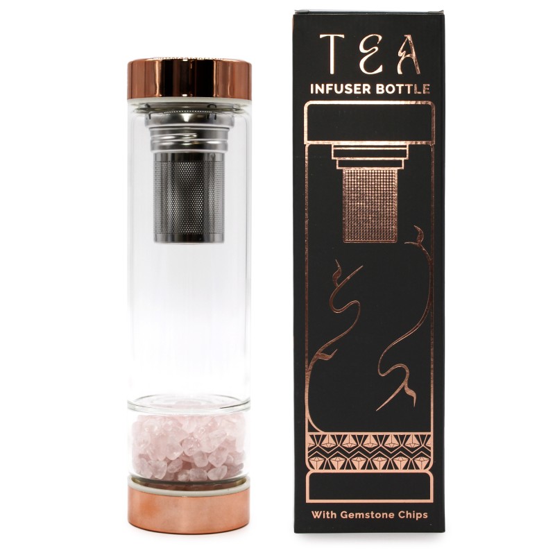 Glass Tea Infusion Bottle - Rose Gold - Rose Quartz-TEA BOTTLES WITH GEMS-HOSTENATURA