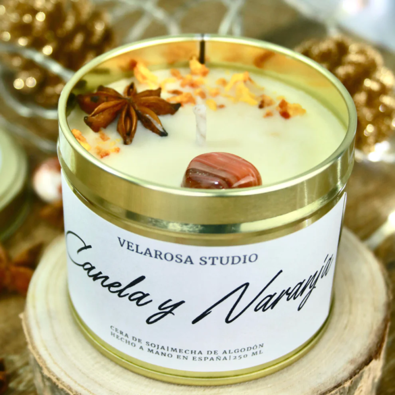 Vela de soia aromática artesanal en lata "Canela e laranxa" - Velarosa Estudio - 250ml-VELAS DE ESTUDIO VELAROSA-HOSTENATURA