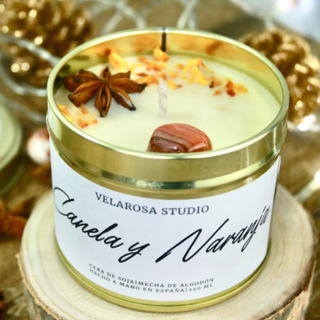 Vela artesanal aromática de soja en lata de "Canela y Naranja" - Velarosa Estudio - 250ml