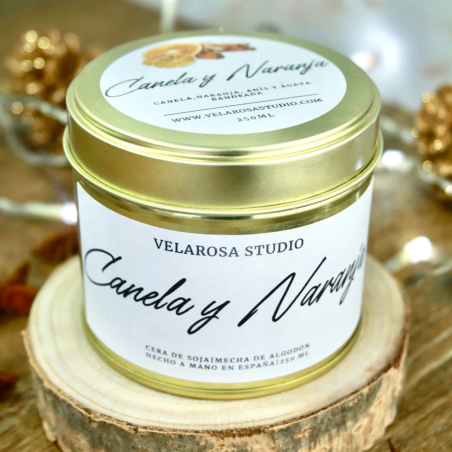 Vela artesanal aromática de soja en lata de "Canela y Naranja" - Velarosa Estudio - 250ml