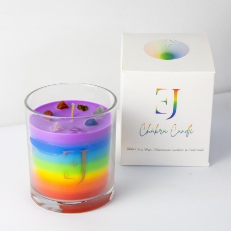 Vela 7 chakras artesana "Sentirse Bien" - Exclujess - Vela meditación con piedras preciosas - Ámbar Marroquí y Pachulí- 300gr
