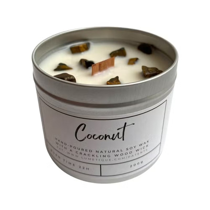 SOY CANDLE IN ALUMINUM - COCONUT WITH TIGER'S EYE - FRI - HANDMADE IN THE UK - 200gr - 22 hours-VIE HANDMADE CANDLES-HOSTENATURA