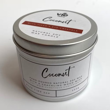 VELA SOJA EN ALUMINIO - COCO CON OJO DE TIGRE - VIE - HECHO A MANO EN REINO UNIDO - 200gr - 22 horas