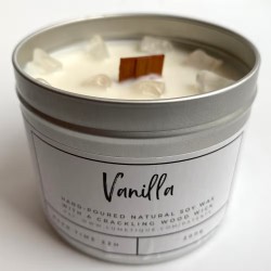 SOY CANDLE IN ALUMINUM - VANILLA WITH CLEAR QUARTZ - VIE - HANDMADE IN THE UK - 200gr - 22 hours