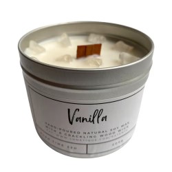 SOY CANDLE IN ALUMINUM - VANILLA WITH CLEAR QUARTZ - VIE - HANDMADE IN THE UK - 200gr - 22 hours