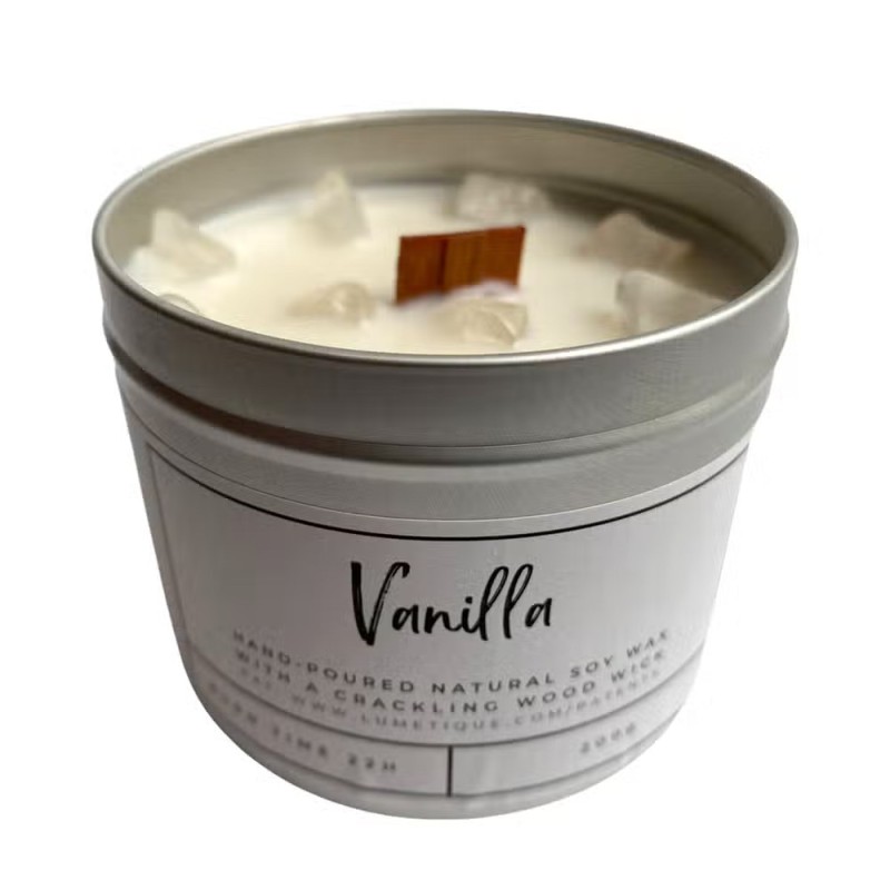 SOY CANDLE IN ALUMINUM - VANILLA WITH CLEAR QUARTZ - VIE - HANDMADE IN THE UK - 200gr - 22 hours-VIE HANDMADE CANDLES-HOSTENATURA