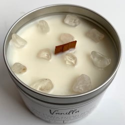 SOY CANDLE IN ALUMINUM - VANILLA WITH CLEAR QUARTZ - VIE - HANDMADE IN THE UK - 200gr - 22 hours