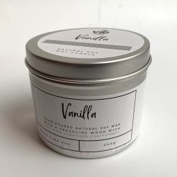 SOY CANDLE IN ALUMINUM - VANILLA WITH CLEAR QUARTZ - VIE - HANDMADE IN THE UK - 200gr - 22 hours