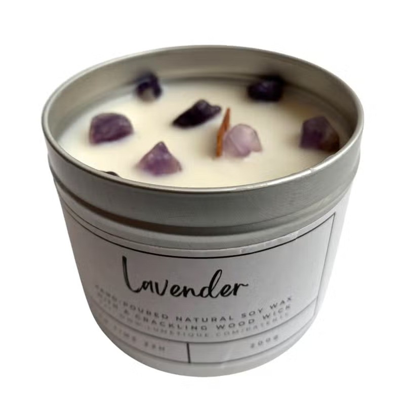 CANDELA DI SOIA IN ALLUMINIO - LAVANDA CON AMETISTA - VEN - FATTA A MANO NEL REGNO UNITO - 200gr - 22 ore-CANDELE ARTIGIANALI VEN-HOSTENATURA