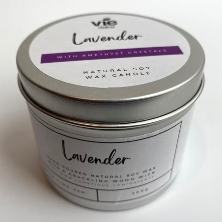 VELA SOJA EN ALUMINIO - LAVANDA CON AMATISTA - VIE - HECHO A MANO EN REINO UNIDO - 200gr - 22 horas