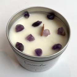 ALUMINIUM SOJAKAARS - LAVENDEL MET AMETHIST - VRIJ - HANDMADE IN THE UK - 200gr - 22 uur