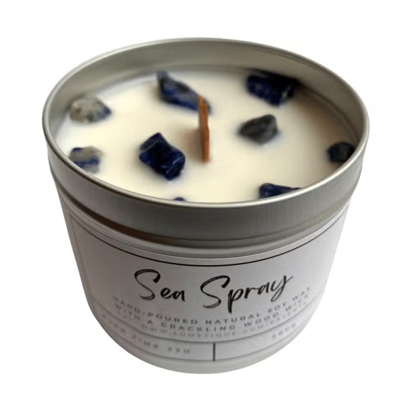 SOY CANDLE IN ALUMINUM - MARINE SPRAY WITH SODALITE - VIE - HANDMADE IN THE UK - 200gr - 22 hours-VIE HANDMADE CANDLES-HOSTENATURA