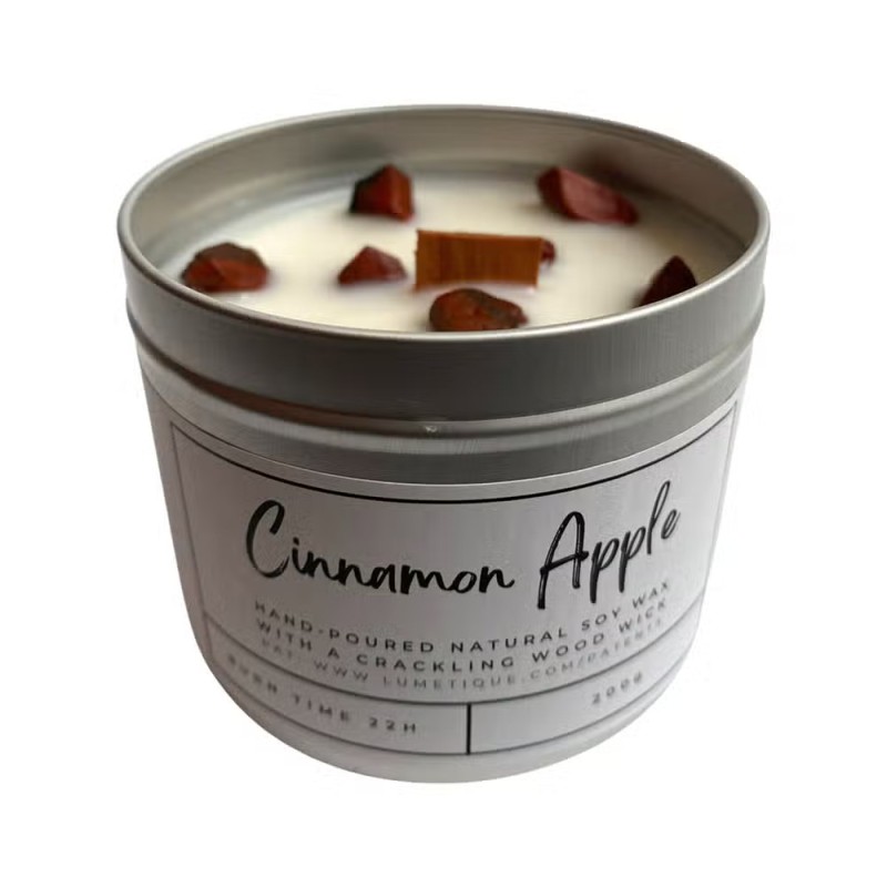 SOY CANDLE IN ALUMINUM - APPLE AND CINNAMON WITH RED JASPER - VIE - HANDMADE IN THE UK - 200gr - 22 hours-VIE HANDMADE CANDLES-HOSTENATURA