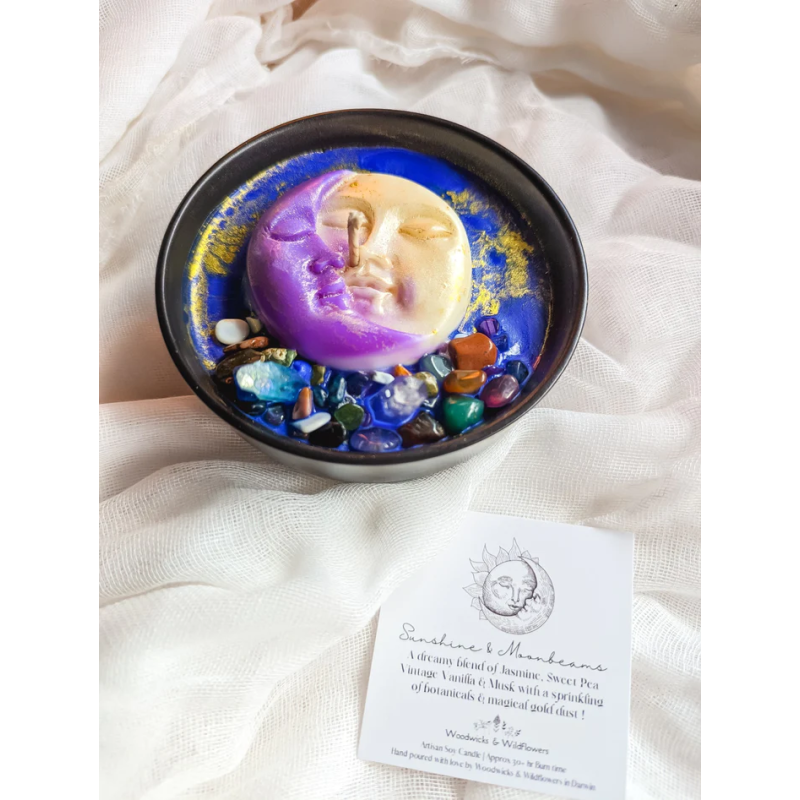 BOUGIE ARTISANALE SUNSHINE AND MOONBEAM - SOLEIL ET RAYON DE LUNE - WOODWICKS & WILDFLOWERS - HANDMADE IN AUSTRALIA-BOUGIES MÈCHES DE BOIS ET FLEURS SAUVAGES-HOSTENATURA