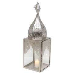 LAMPADA LANTERNA ORIENTALE MODENA L ARGENTO PORTACANDELE - 60x17x17cm - MINARETI MAROCCHINI