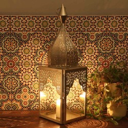 LAMPADA LANTERNA ORIENTALE MODENA L ARGENTO PORTACANDELE - 60x17x17cm - MINARETI MAROCCHINI