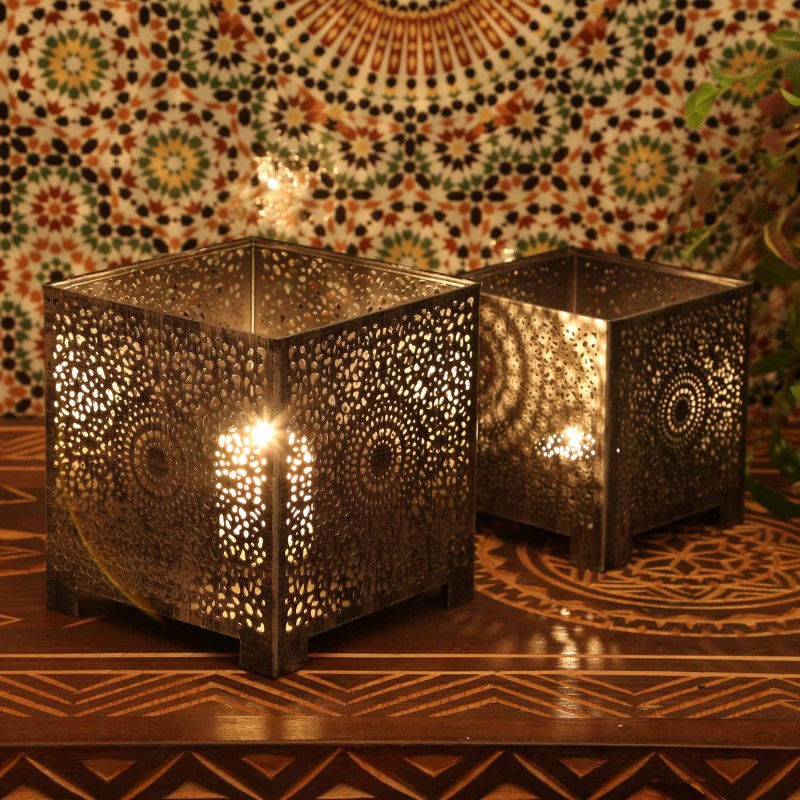 FEZ ORIENTALNA LATARNIA - ZESTAW 2 ŚWIECZNIKÓW - 14x13x13cm - STYL MAROKAŃSKI-LAMPY ORIENTALNE-HOSTENATURA