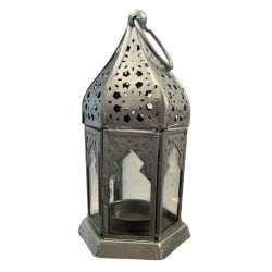 LANTERNA ORIENTALE IN VETRO - ARGENTO - 16x8x8cm - STILE MAROCCHINO - 1 Unità