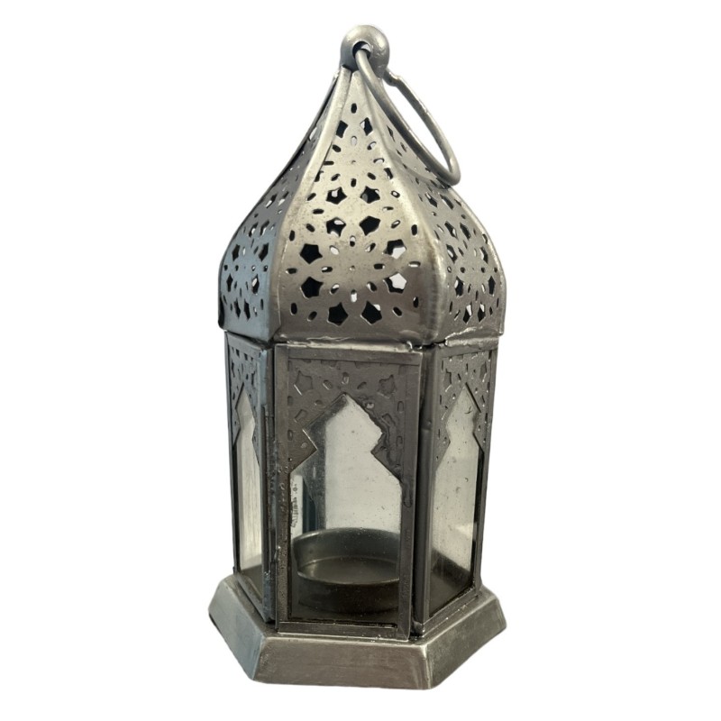 FAROL ORIENTAL VIDRE - PLATA - 16x8x8cm - ESTIL MARROQUÍ -1 Unitat-LLUMES ORIENTALS-HOSTENATURA