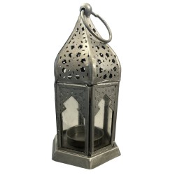 LANTERNA ORIENTALE IN VETRO - ARGENTO - 16x8x8cm - STILE MAROCCHINO - 1 Unità