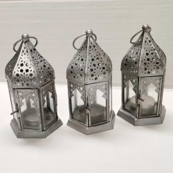 LANTERNA ORIENTALE IN VETRO - ARGENTO - 16x8x8cm - STILE MAROCCHINO - 1 Unità