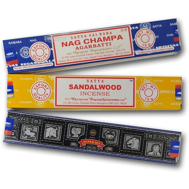 Zestaw aromatycznych kadzideł x 3 - Satya SuperHit + Nag Champa + drzewo sandałowe - Naturalne kadzidła aromaterapeutyczne - 3 p-ZESTAW PREZENTOWY-HOSTENATURA