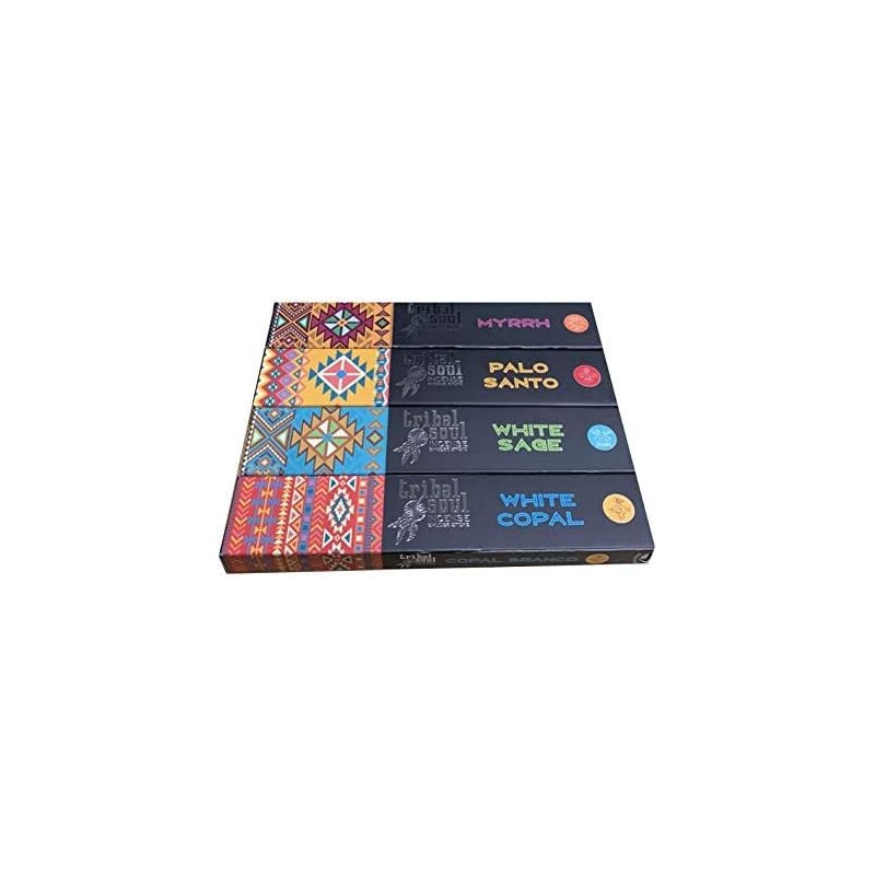 Encens Âme Tribale - Assortiment - Myrrhe - Palo Santo - Sauge Blanche - Copal Blanc - 4 Boites x 15g --TRIBAL SOUL-HOSTENATURA