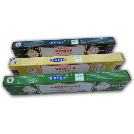 Aromatyczna partia kadzideł x 3 Satya Kadzidło Wanilia + Jaśmin + Paczula | Aromaterapia naturalnym kadzidłem | 3 pudełka po 15